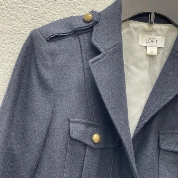 Ann Taylor Loft Size 10 Navy Blue Mesh Trim Jacket Blazer Wool Blend - Picture 5 of 7